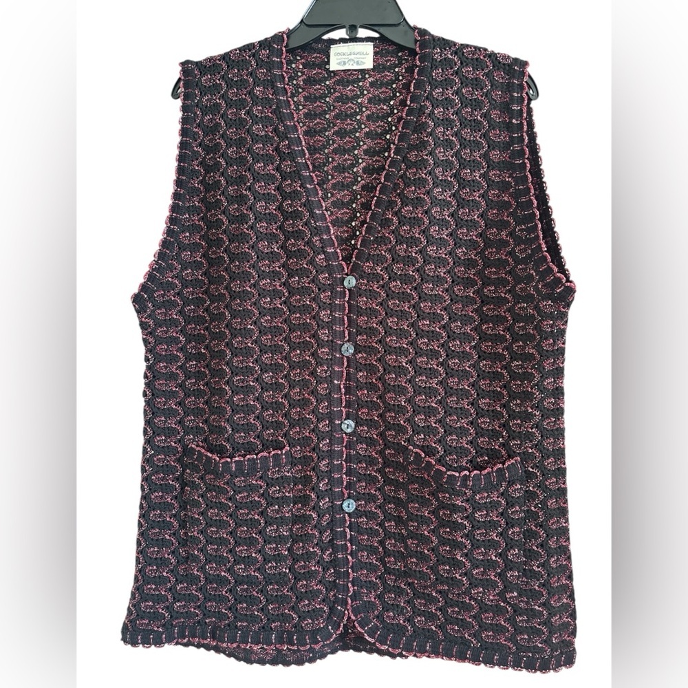 Cockleshell Women’s Made in England Knit Vest Black Purple Button Front Size M
